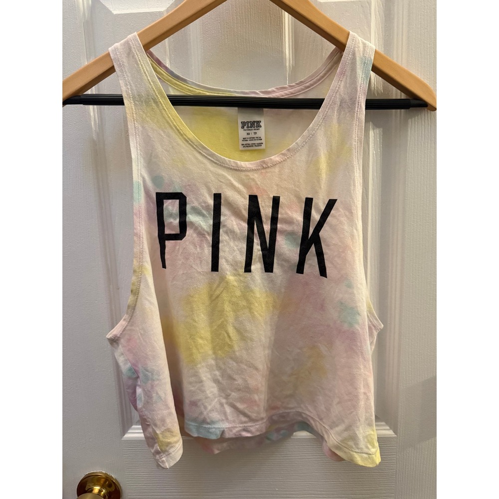 Pink Victorias Secret Tie Dye Crop Tank Top XS Pastel Muscle Tee Logo